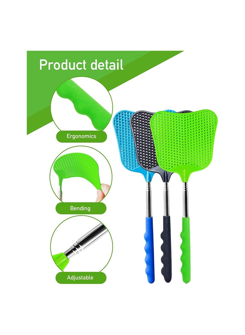 3 pcs Fly Swatter, Fly Swatter Plastic,Telescopic Fly Swatters, Large Bug Swatter That Work for Indoor and Outdoor. (Black Blue Green) - Image 2