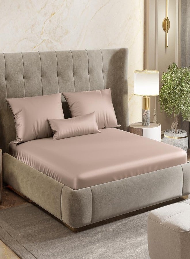 haus & kinder Satin Fitted Bedsheets Queen Size, 300 TC Premium Double Bedsheet Elastic Fitted, 60 X 78 X 10 Inches Satin Bed Sheet with 2 Pillow Covers -Golden Sand - Image 1