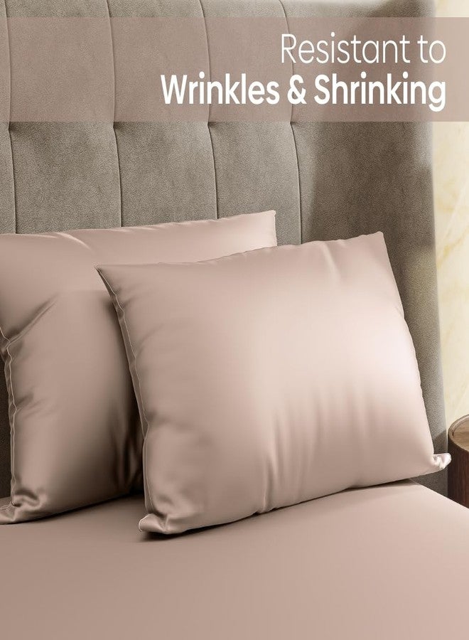 haus & kinder Satin Fitted Bedsheets Queen Size, 300 TC Premium Double Bedsheet Elastic Fitted, 60 X 78 X 10 Inches Satin Bed Sheet with 2 Pillow Covers -Golden Sand - Image 5