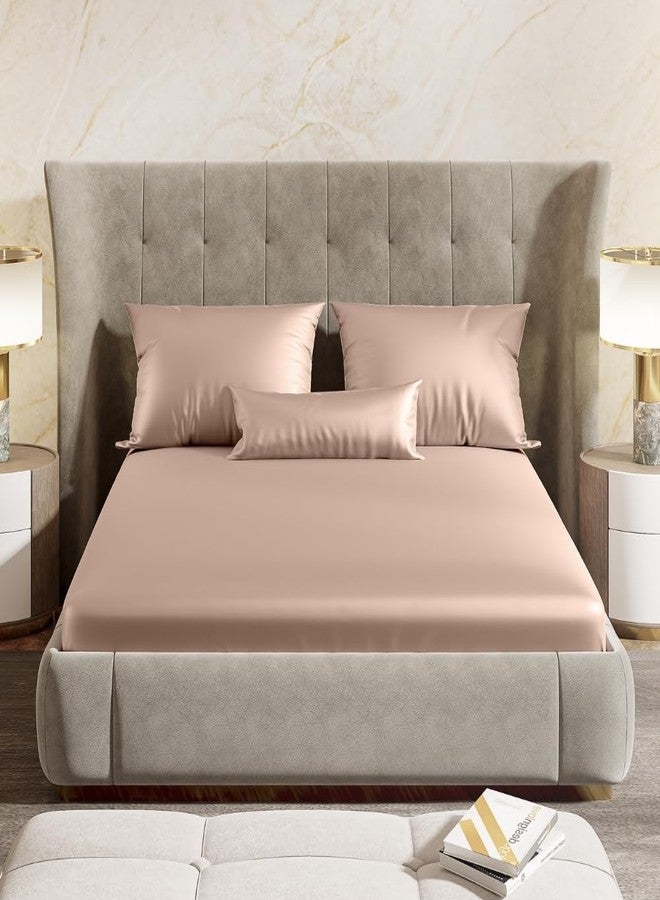 haus & kinder Satin Fitted Bedsheets Queen Size, 300 TC Premium Double Bedsheet Elastic Fitted, 60 X 78 X 10 Inches Satin Bed Sheet with 2 Pillow Covers -Golden Sand - Image 2