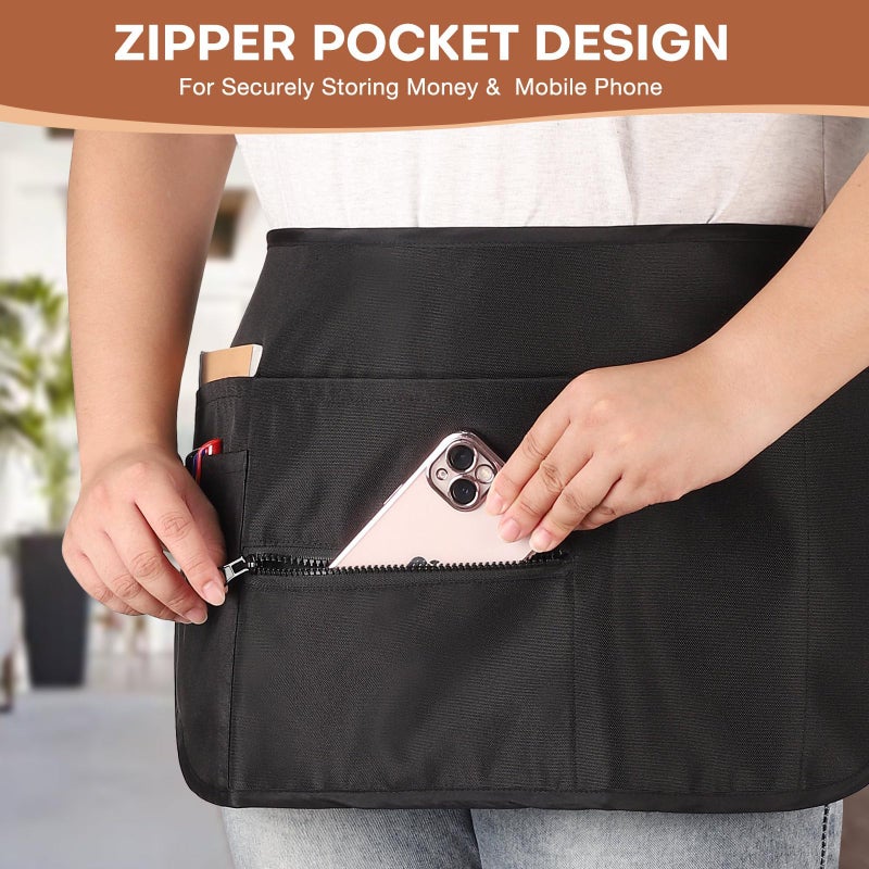 Noverlife 6 Pockets Server Apron with Buckle, Waterproof Serving Aprons for Waitresses Adjustable Belt Waist Apron with Zipper, Unisex Work Aprons 12 Inch Waiters Half Apron Waitress Apron for Women - Image 4