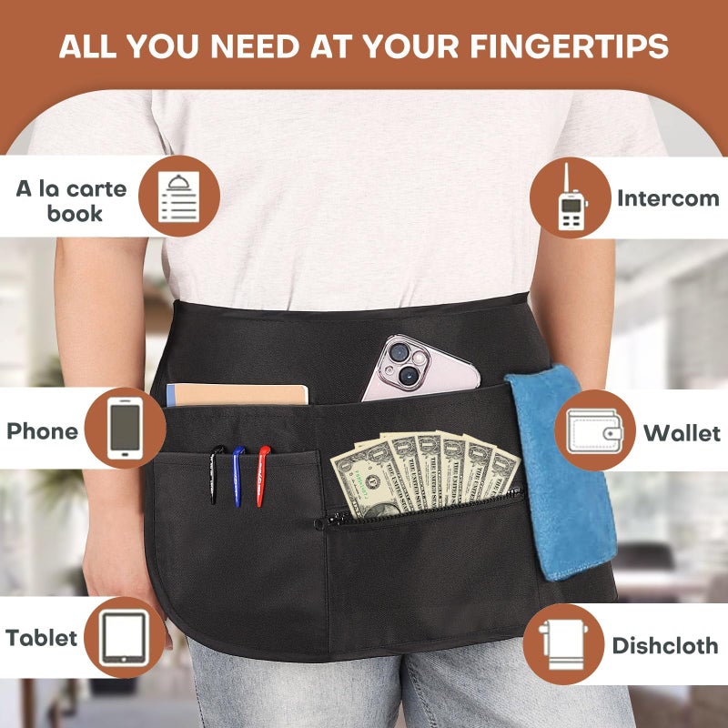 Noverlife 6 Pockets Server Apron with Buckle, Waterproof Serving Aprons for Waitresses Adjustable Belt Waist Apron with Zipper, Unisex Work Aprons 12 Inch Waiters Half Apron Waitress Apron for Women - Image 5