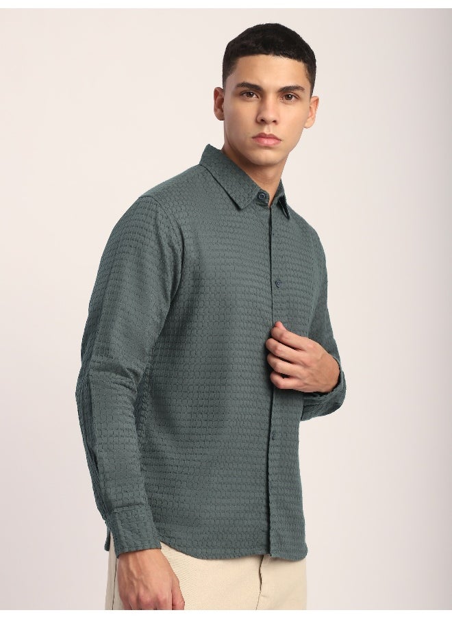 Beyoung Mid Grey Jacquard Round Textured Shirt  - Image 4