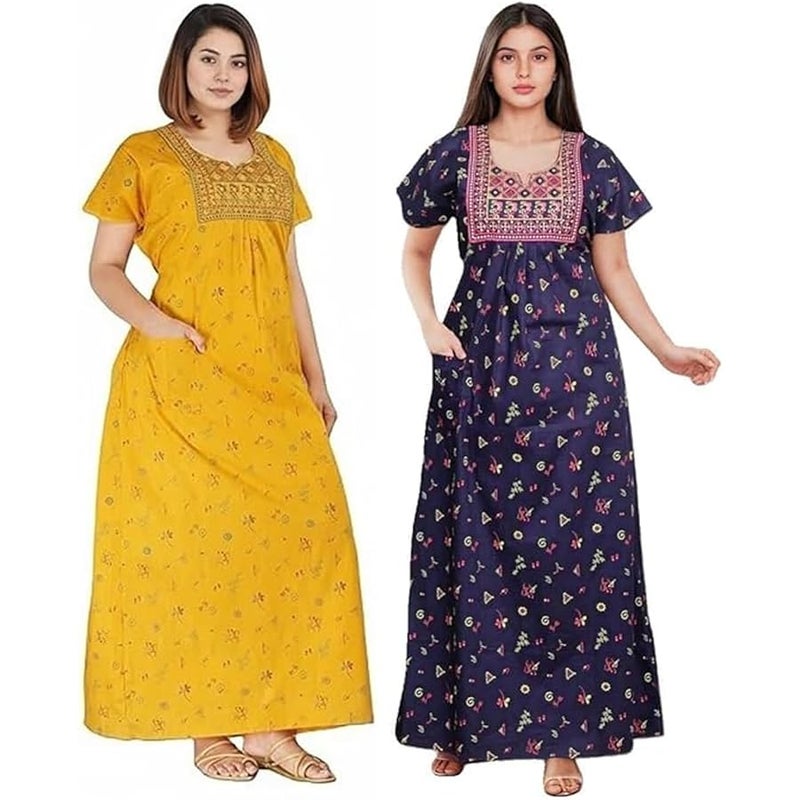 OFEEFAN Women’s Cotton Embroidered Jaipuri Nighty Gown – Pack of 2 Rajasthani Print Maxi Night Dress with Pocket – Soft & Comfortable Ladies Sleepwear & Loungewear