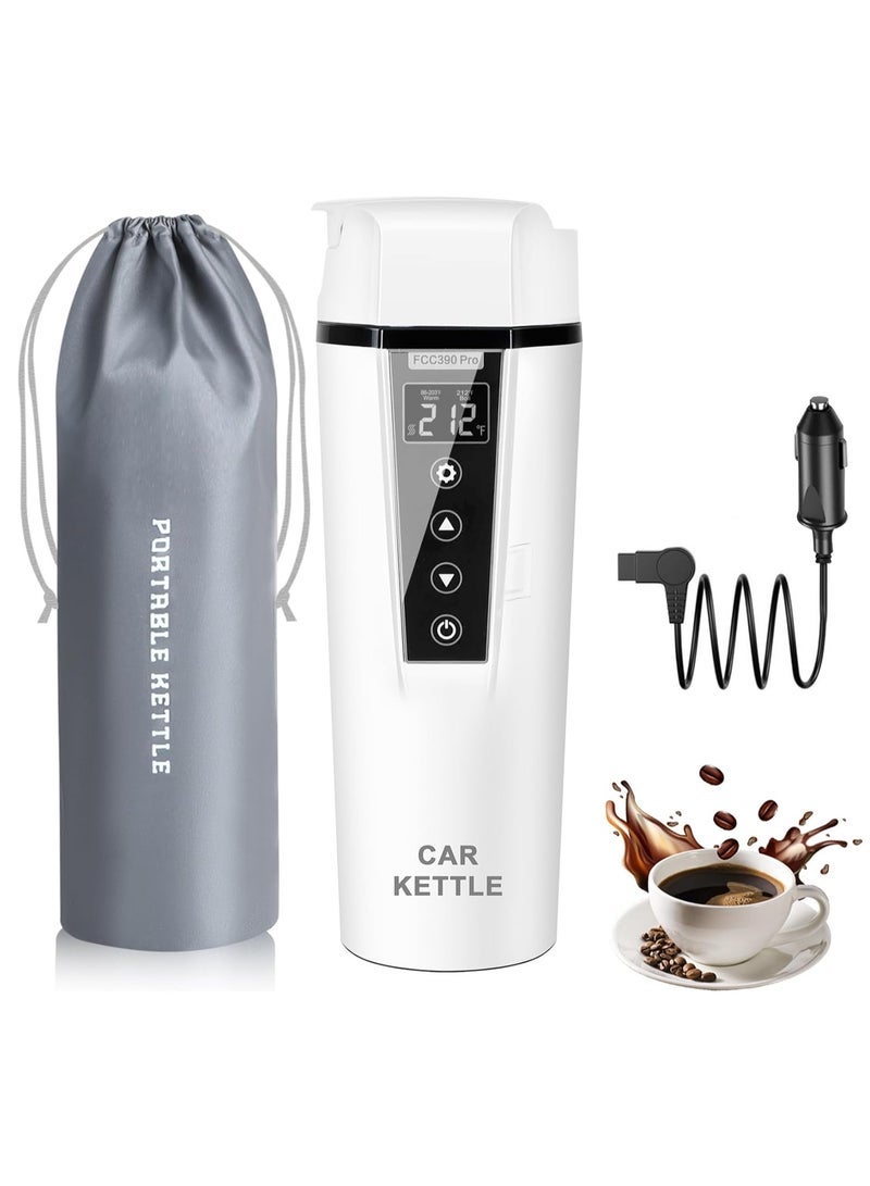 12V/24V Portable Water Boiler Heated Travel Mug, Multiple Temperature Adjustable Coffee Tea Truck Cup with 304 Stainless Steel Dry Burn Protection & Handy Cup Bag (White) - Image 1