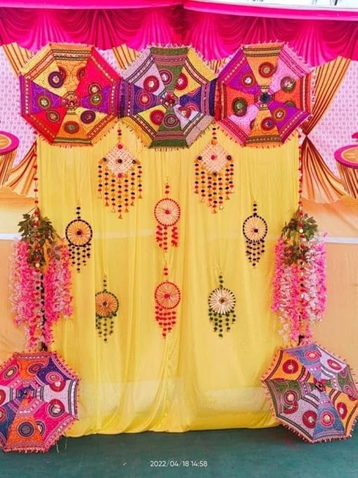 Generic Nutts Haldi Mehndi Backdrop Items for Wedding Decoration HaldiWeddingMehndi Decoration Haldi Mehndi Decor with Umbrella Gota Circle Kite Hanging Pink White Wisteria 