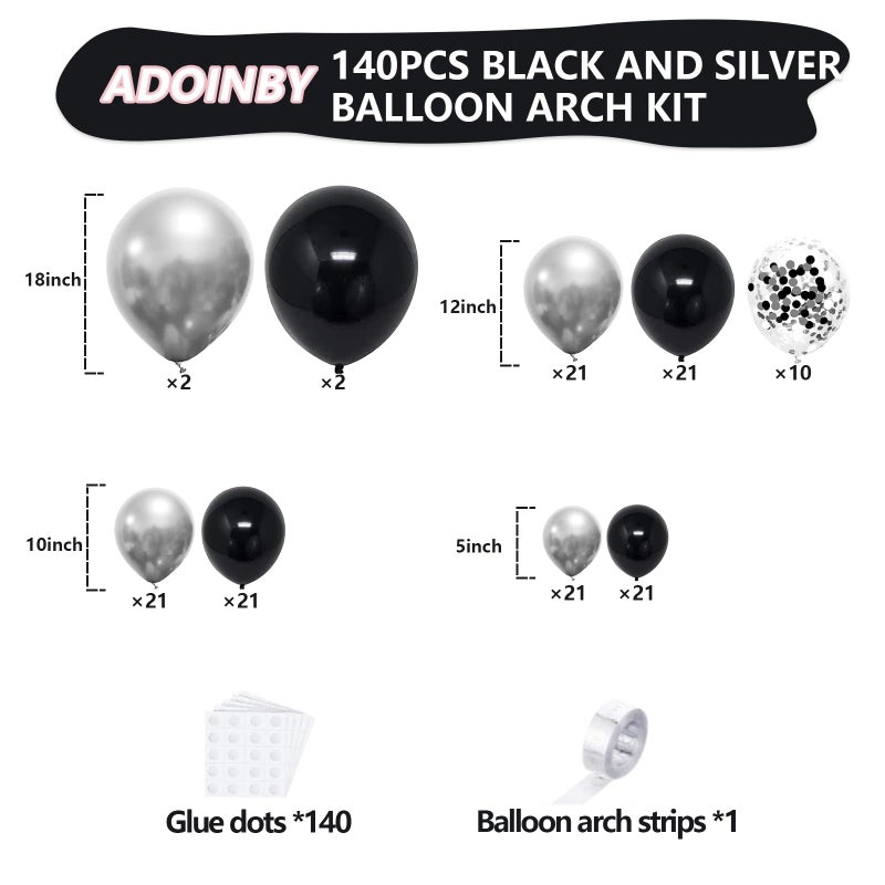 ADOINBY Black and Silver Balloon Arch Kit, 140Pcs Different Sizes inch Black Metallic Silver Balloons and Confetti Party Balloon Garland Kit for Birthday, Wedding, Graduation, Anniversary Decorations - Image 2