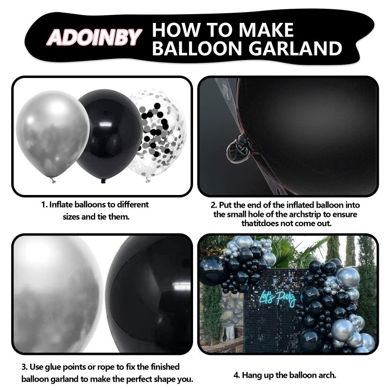 ADOINBY Black and Silver Balloon Arch Kit, 140Pcs Different Sizes inch Black Metallic Silver Balloons and Confetti Party Balloon Garland Kit for Birthday, Wedding, Graduation, Anniversary Decorations - Image 3