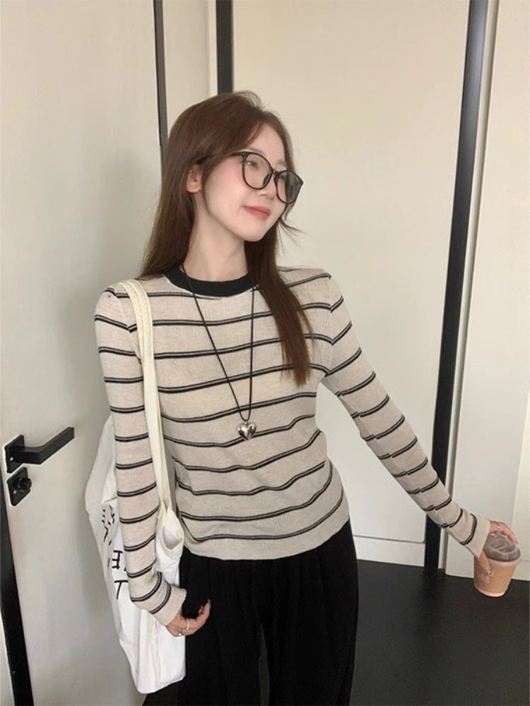 Sweet Spice Girl Unique Niche Color Contrast Striped Long Sleeve T-Shirt 2024 Korean Style Fashion Chic Top Ins - Image 2