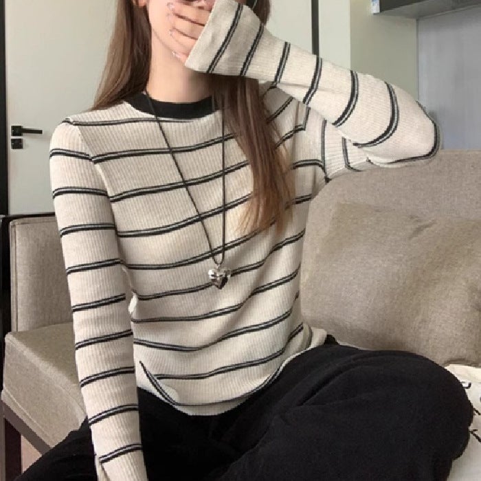 Sweet Spice Girl Unique Niche Color Contrast Striped Long Sleeve T-Shirt 2024 Korean Style Fashion Chic Top Ins - Image 1
