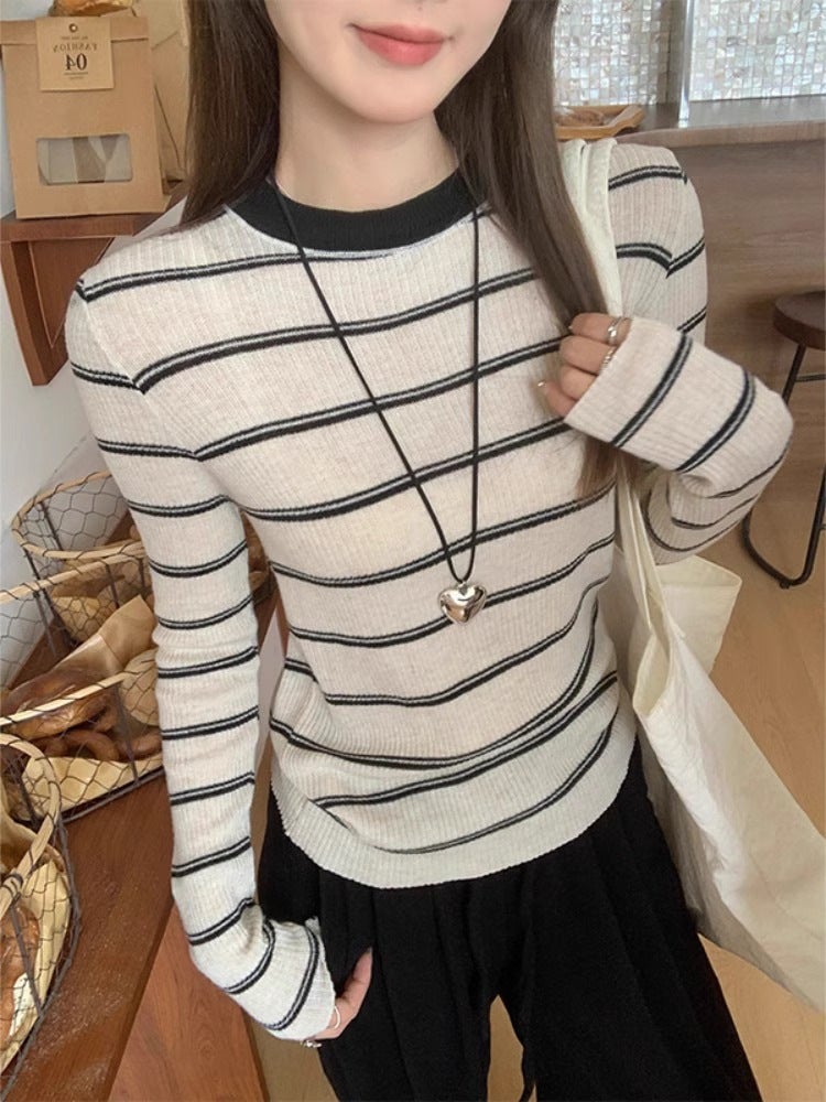 Sweet Spice Girl Unique Niche Color Contrast Striped Long Sleeve T-Shirt 2024 Korean Style Fashion Chic Top Ins - Image 3
