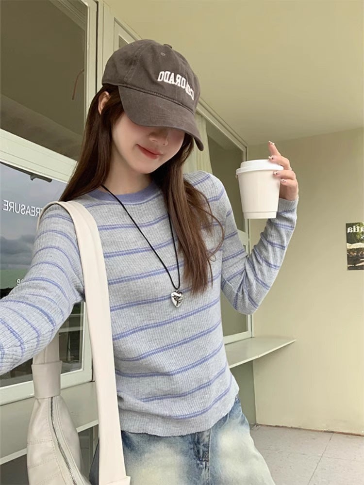 Sweet Spice Girl Unique Niche Color Contrast Striped Long Sleeve T-Shirt 2024 Korean Style Fashion Chic Top Ins - Image 4