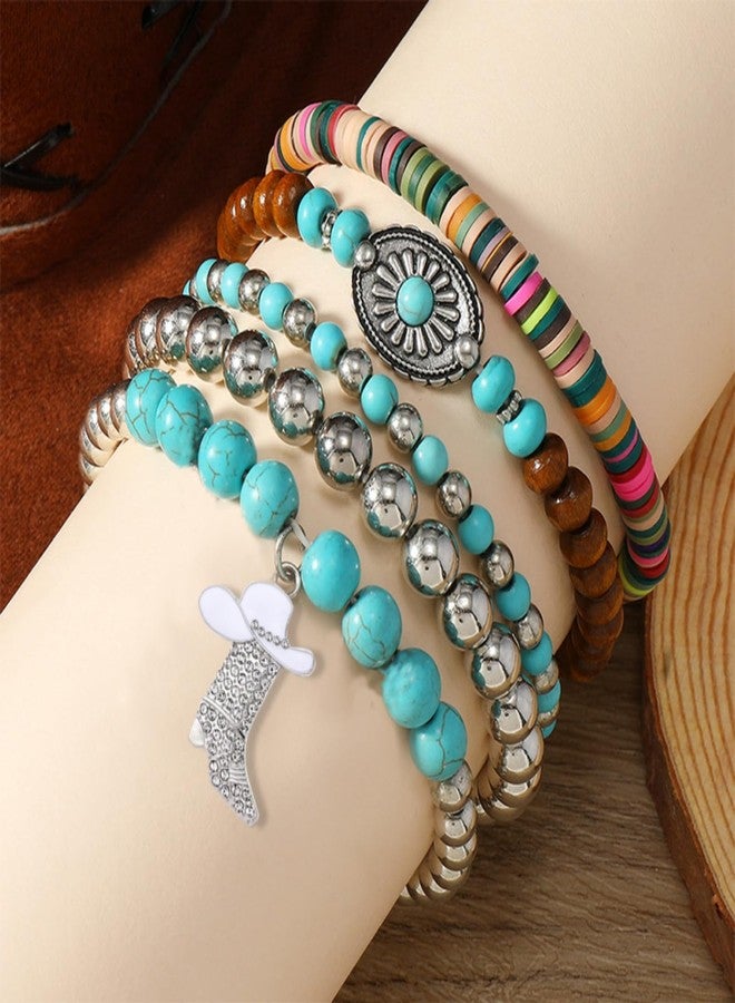 WCRAZYE Western Cowgirl Bracelets for Women Handmade Turquoise Bull Head Cow Boot Beaded Stackable Stretch Bracelets Bohemian Jewelry Gifts (White Boot) - Image 2