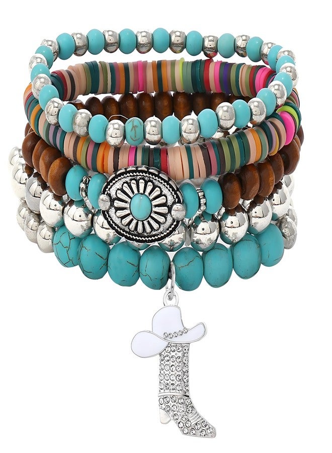 WCRAZYE Western Cowgirl Bracelets for Women Handmade Turquoise Bull Head Cow Boot Beaded Stackable Stretch Bracelets Bohemian Jewelry Gifts (White Boot) - Image 1