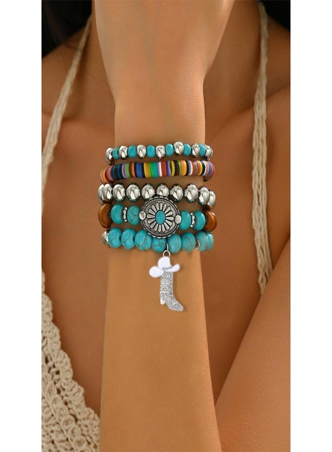 WCRAZYE Western Cowgirl Bracelets for Women Handmade Turquoise Bull Head Cow Boot Beaded Stackable Stretch Bracelets Bohemian Jewelry Gifts (White Boot) - Image 4