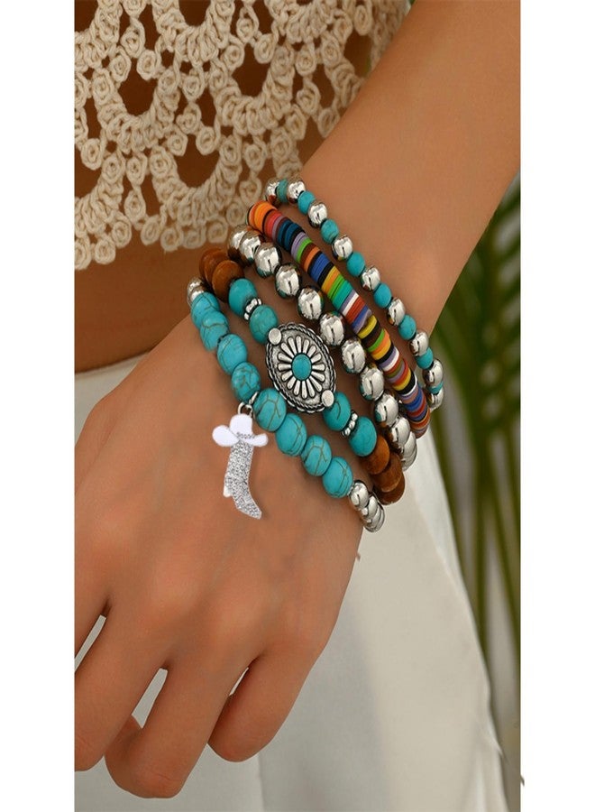 WCRAZYE Western Cowgirl Bracelets for Women Handmade Turquoise Bull Head Cow Boot Beaded Stackable Stretch Bracelets Bohemian Jewelry Gifts (White Boot) - Image 3