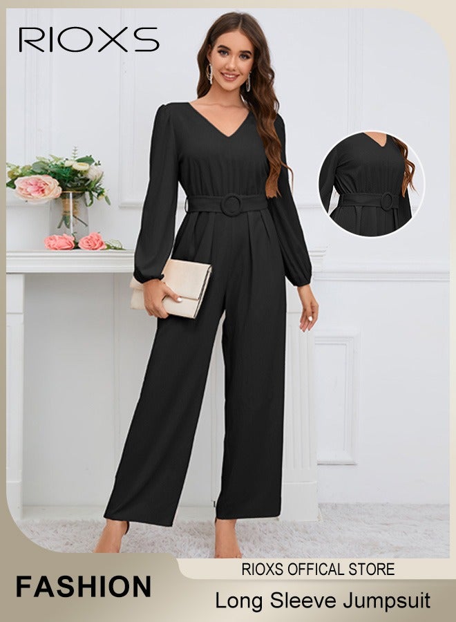 RIOXS Women's Long Sleeve Slimming Jumpsuit Outfit Puff Sleeves V Neck Top And Loose Straight Leg Long Pants With Waist Belt For Business Work And Daily Wear  - Image 1