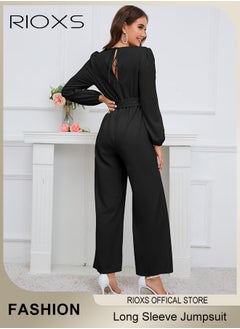 Women's Long Sleeve Slimming Jumpsuit Outfit Puff Sleeves V Neck Top And Loose Straight Leg Long Pants With Waist Belt For Business Work And Daily Wear - pzsku/Z956F119B8F9F588FEF3CZ/45/_/1730183195/36910bbb-81c8-4f53-81ed-a5d0a3d0b190