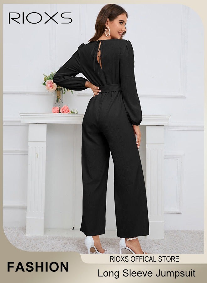 RIOXS Women's Long Sleeve Slimming Jumpsuit Outfit Puff Sleeves V Neck Top And Loose Straight Leg Long Pants With Waist Belt For Business Work And Daily Wear  - Image 3