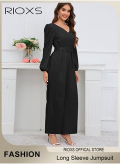 Women's Long Sleeve Slimming Jumpsuit Outfit Puff Sleeves V Neck Top And Loose Straight Leg Long Pants With Waist Belt For Business Work And Daily Wear - pzsku/Z956F119B8F9F588FEF3CZ/45/_/1730183201/4cc3272f-03ea-4b3d-9c0f-729cc8044ac2