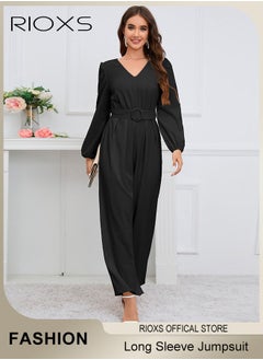 Women's Long Sleeve Slimming Jumpsuit Outfit Puff Sleeves V Neck Top And Loose Straight Leg Long Pants With Waist Belt For Business Work And Daily Wear - pzsku/Z956F119B8F9F588FEF3CZ/45/_/1730183226/02dc26c1-fe05-4ec8-909a-8eb04e8e6f53