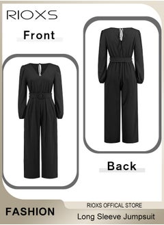 Women's Long Sleeve Slimming Jumpsuit Outfit Puff Sleeves V Neck Top And Loose Straight Leg Long Pants With Waist Belt For Business Work And Daily Wear - pzsku/Z956F119B8F9F588FEF3CZ/45/_/1730183226/4a0f3097-2488-4ef1-afcc-76b3bfd340ce