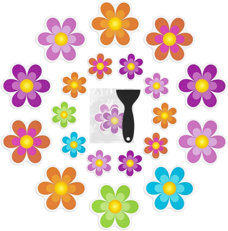 Nodirz Non Slip Bathtub Stickers, 20 PCS Shower Stickers for Safety Bathroom Tubs, Bathtub Non Slip Stickers and Adhesive Decals Scraper for Bath Tub, Shower Floor(Bright Flowers) - Image 1