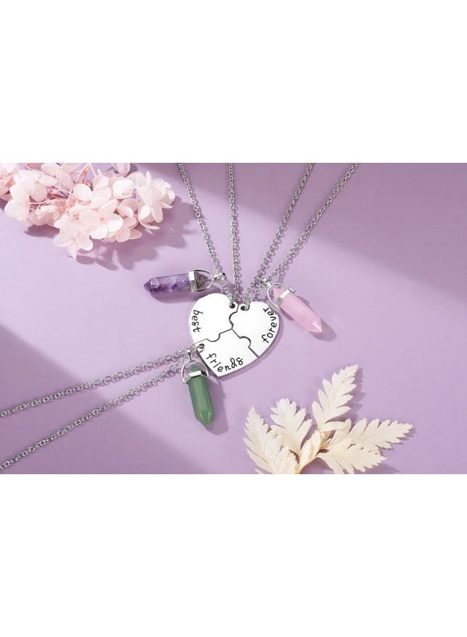 PESOENTH BFF Best Friend Necklace for 3- Healing Crystal Friendship Necklaces BFF Gifts Women Matching Heart Best Friends Forever Pendant Necklaces Set - Image 2