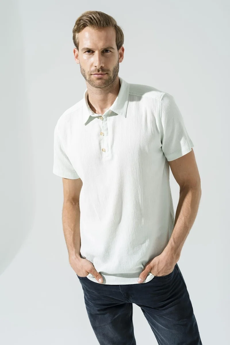 For You Man Organic 3 Button Short Sleeve Aqua Green Shirt
