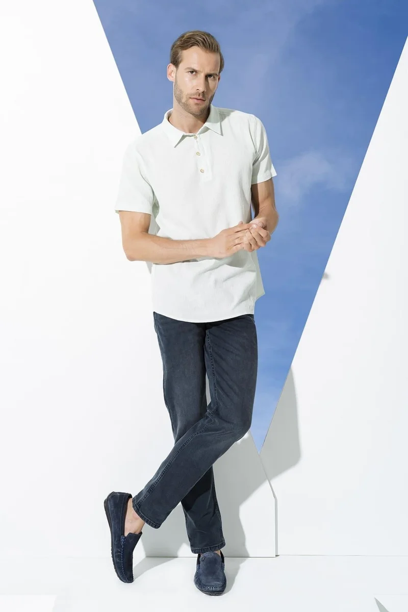 For You Man Organic 3 Button Short Sleeve Aqua Green Shirt