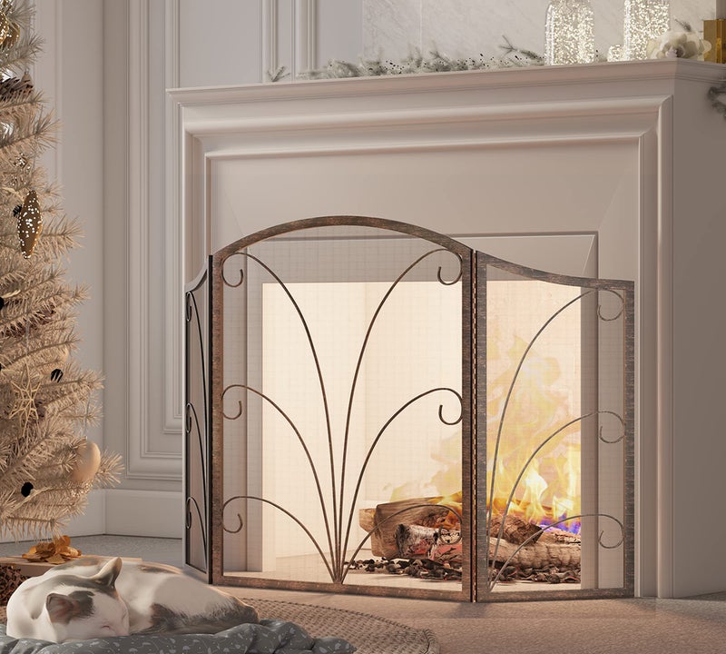 Kingson 3Panel Arched Childproof Fireplace Screen Decorative Handcrafted Scroll Wrought Iron Fireplace Spark Guard Cover Brushed Copper