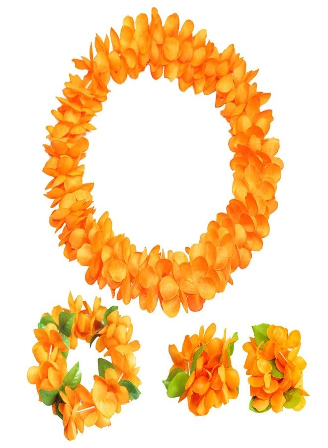 ccHuDE 4 Pcs Hawaiian Party Flower Leis Tropical Necklace Headband Bracelets Island Theme Party Necklace Beach Dance Leis for Holiday Decorations Orange - Image 1