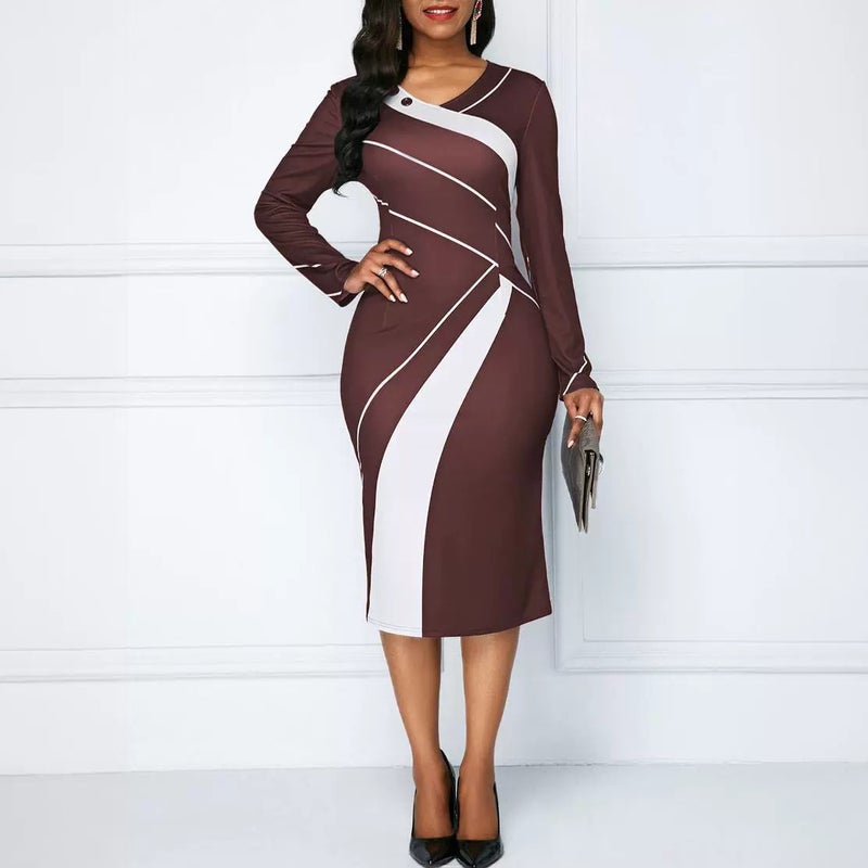 Plus Size Wish Long Sleeve Contrast Color Slim Fit Hip Professional Office Dress - Image 5