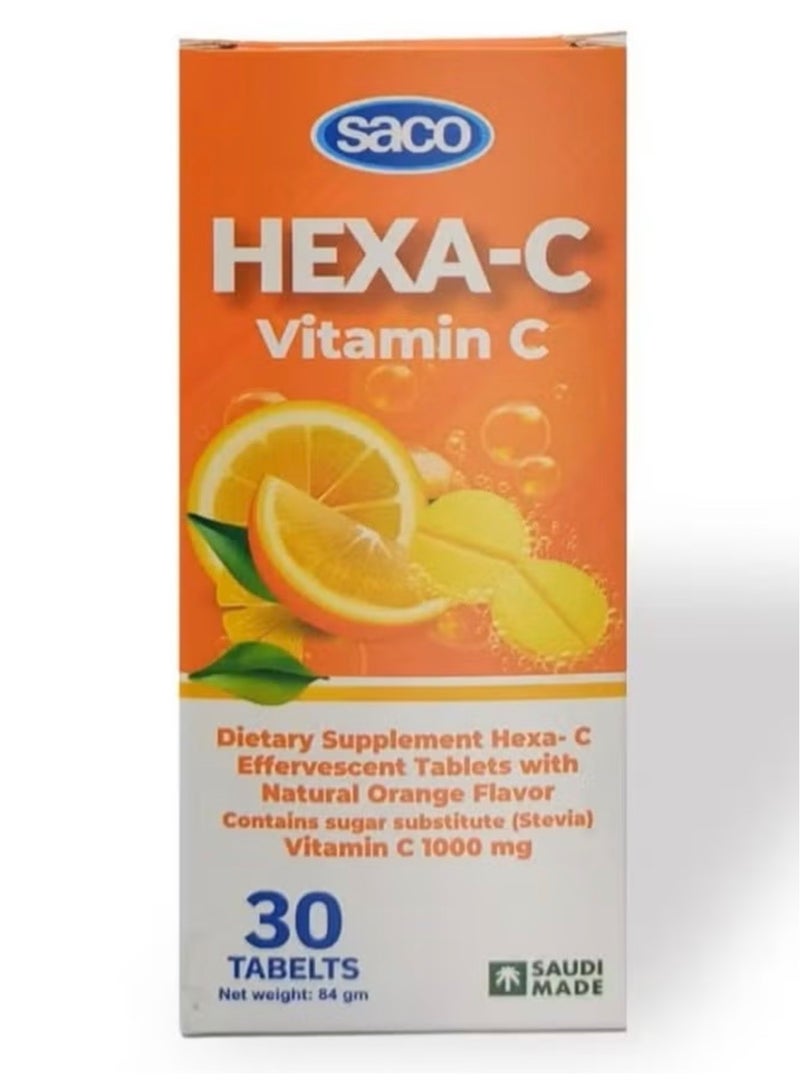 ساكو هيكسا-سي (HEXA-C) فيتامين C 1000 مكمل غذائي على شكل أقراص فوارة بنكهة البرتقال الطبيعية، يحتوي على بديل للسكر (ستيفيا)، للمساعدة في الحفاظ على الوظيفة الطبيعية للجهاز المناعي، 30 قرصًا فوارًا - Image 4