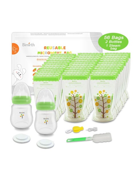 56-Piece Safe and Convenient Breast Milk Storage Fresh Bags With 2PCS Newborn 180ml Bottle Set