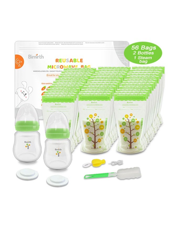 Bimirth 56-Piece Safe and Convenient Breast Milk Storage Fresh Bags With 2PCS Newborn 180ml Bottle Set  - Image 1