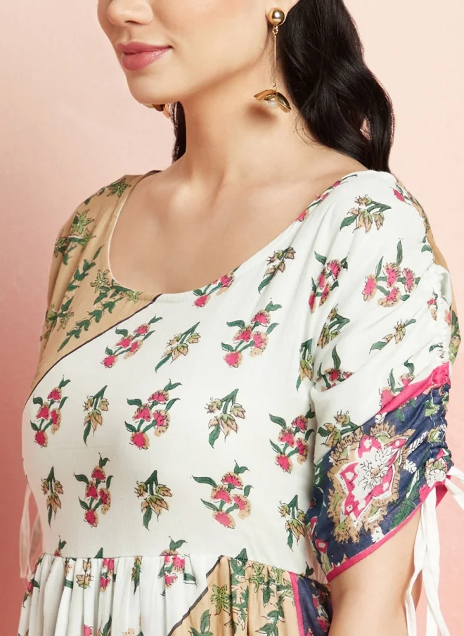 أيه كيه إس Floral Printed Cotton A-Line Dress for Women