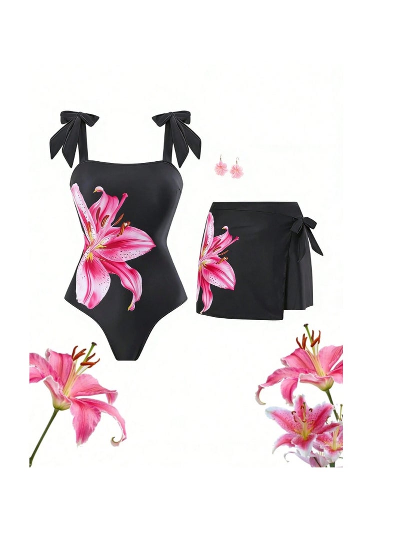 Shein Swim 2pc Women's Black Bowknot & Floral Asymmetrical Skirt One-Piece Swimsuit, Fashion Casual Resort Wear, Suitable For Spring, Summer - Image 1