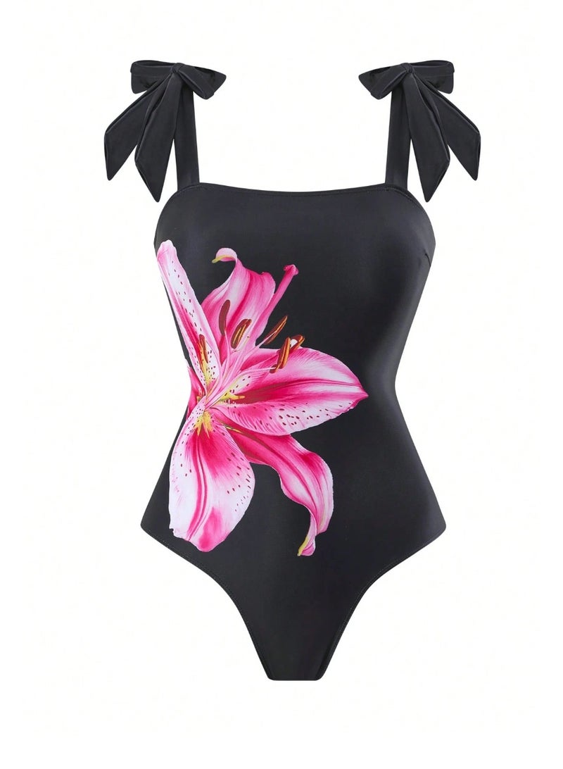 Shein Swim 2pc Women's Black Bowknot & Floral Asymmetrical Skirt One-Piece Swimsuit, Fashion Casual Resort Wear, Suitable For Spring, Summer - Image 3