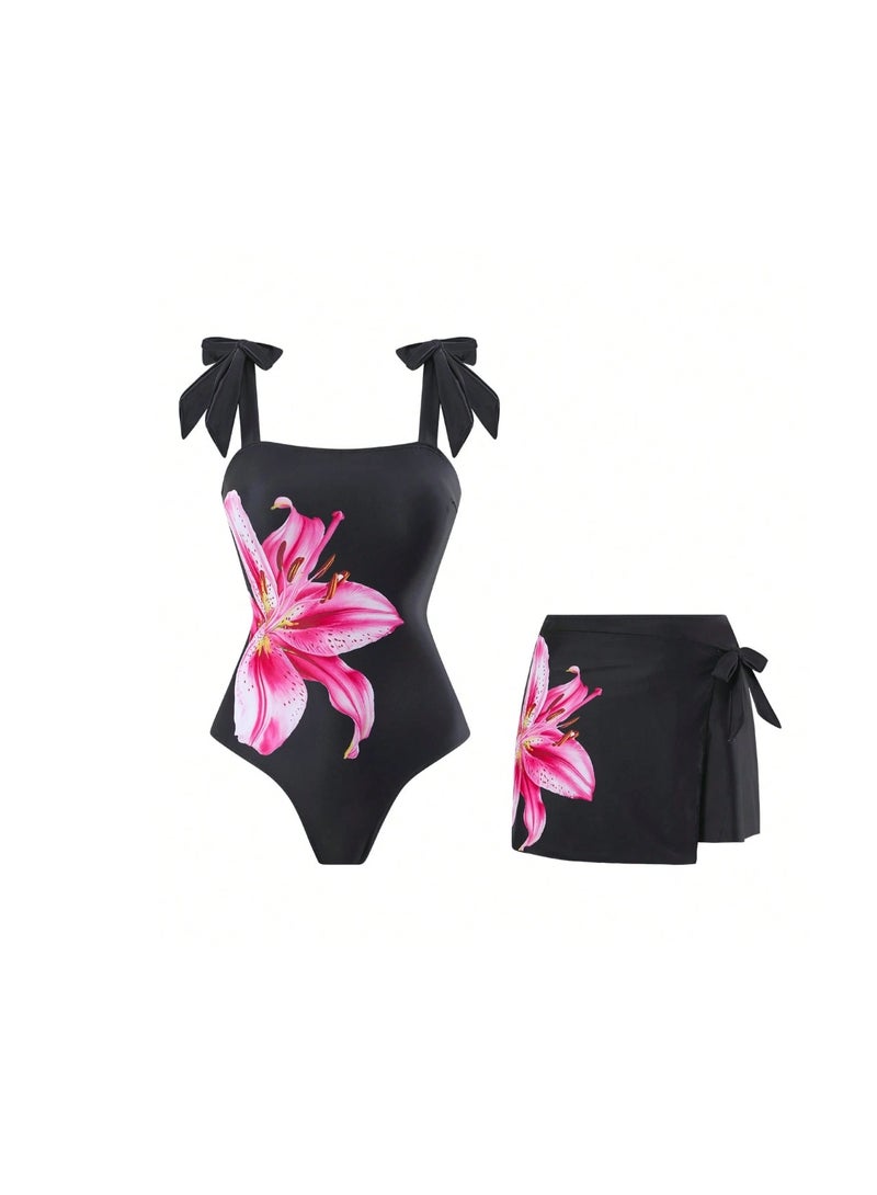 Shein Swim 2pc Women's Black Bowknot & Floral Asymmetrical Skirt One-Piece Swimsuit, Fashion Casual Resort Wear, Suitable For Spring, Summer - Image 4