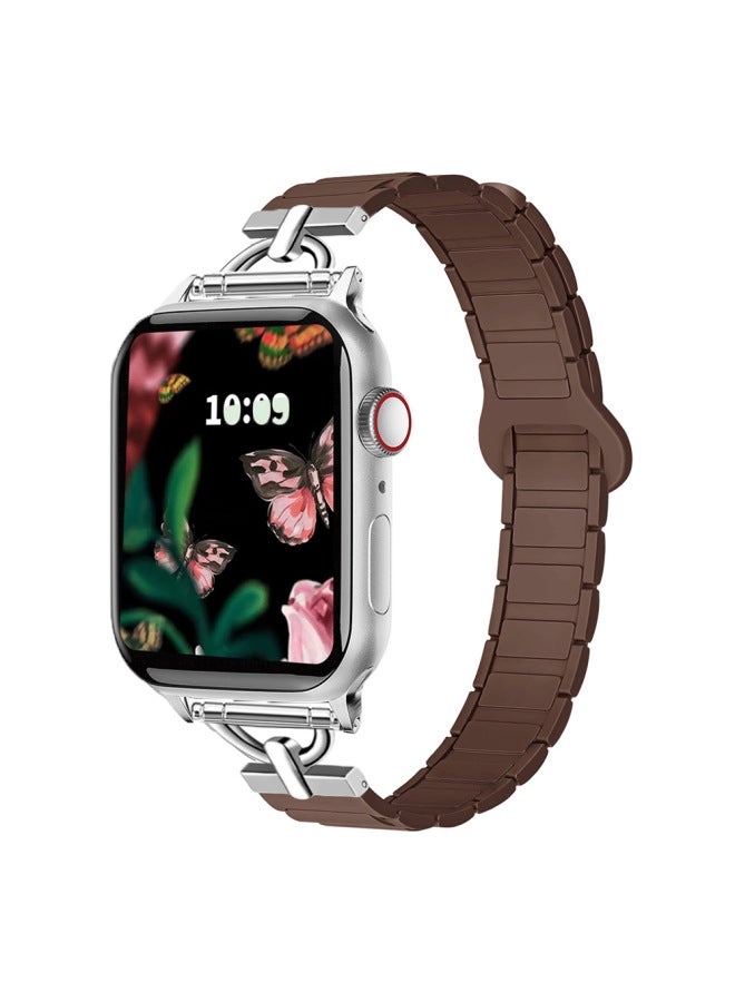 Suitable For Apple Watch For ApplewatchS10 Magnetic Two-color Small Waist Silicone Strap Girls 2025 New-Color:42/44/45/46mm Chocolate  - Image 1
