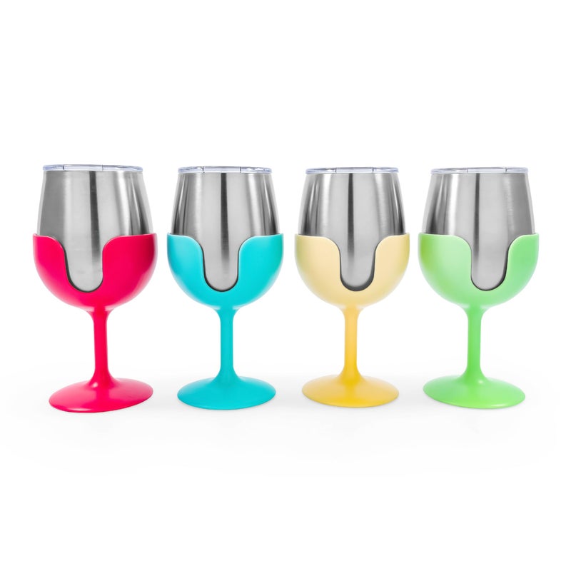Camco Camco Life is Better at The Campsite Wine Tumbler | Heavy Duty Double Wall Vacuum Insulation | Crafted of 18/8 Stainless Steel | Removable Green  Yellow  Blue & Pink Stems | 4-Pk  8-oz/Each (53068) - Image 1