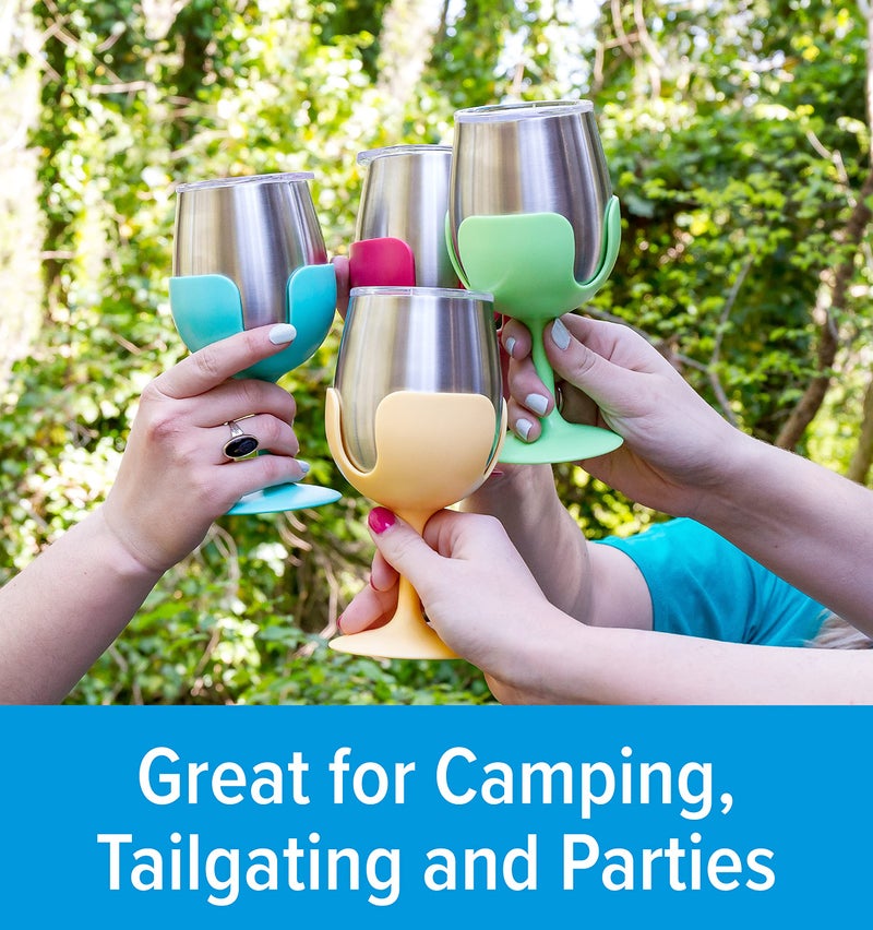 Camco Camco Life is Better at The Campsite Wine Tumbler | Heavy Duty Double Wall Vacuum Insulation | Crafted of 18/8 Stainless Steel | Removable Green  Yellow  Blue & Pink Stems | 4-Pk  8-oz/Each (53068) - Image 2