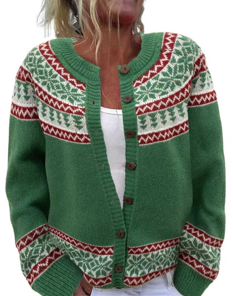 Beopjesk Women's Funny Fall Winter Long Sleeve Christmas Tree Elk Santa Claus Xmas Button Knit Cardigan Sweater Vintage Knitted Outerwear(25-Xmas-1,XL) - Image 1