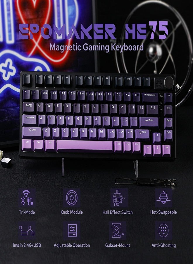 EPOMAKER HE75 Mag Wireless Gaming Keyboard with Hall Effect Switch and Changeable Knob Module, Rapid Fast Magnetic Keyboard with Adjustable Trigger, USB-C/2.4G/Bluetooth, RGB Backlit (Black Purple) - Image 2