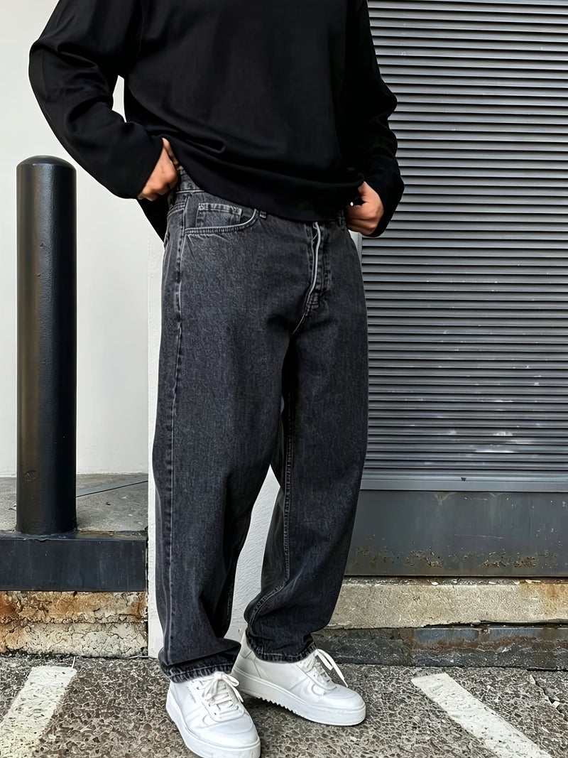 New Streetwear Trend Men's Baggy Jeans, Fashionable Men's Solid Color Straight-Leg Loose Fit Denim Pants - Image 5