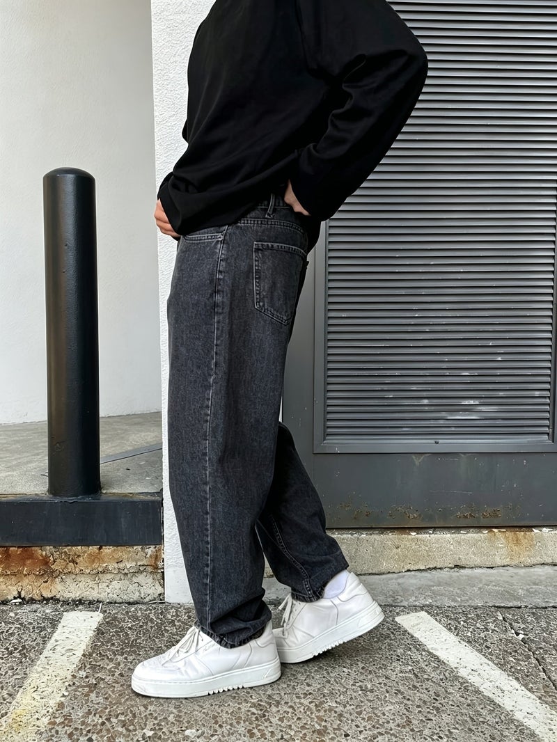 New Streetwear Trend Men's Baggy Jeans, Fashionable Men's Solid Color Straight-Leg Loose Fit Denim Pants - Image 4
