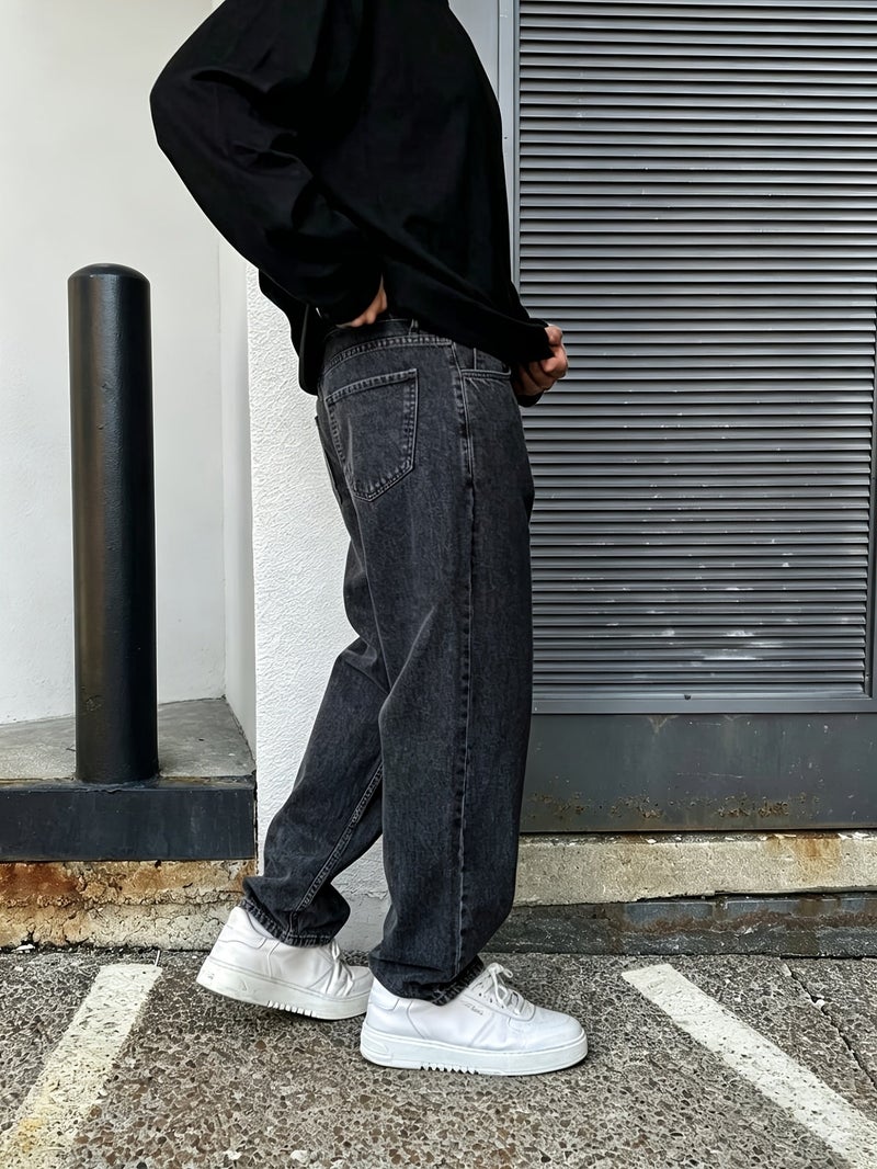 New Streetwear Trend Men's Baggy Jeans, Fashionable Men's Solid Color Straight-Leg Loose Fit Denim Pants - Image 2