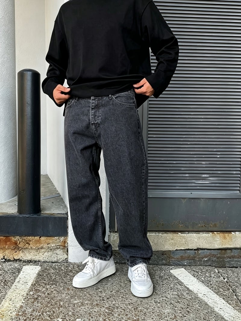 New Streetwear Trend Men's Baggy Jeans, Fashionable Men's Solid Color Straight-Leg Loose Fit Denim Pants - Image 3
