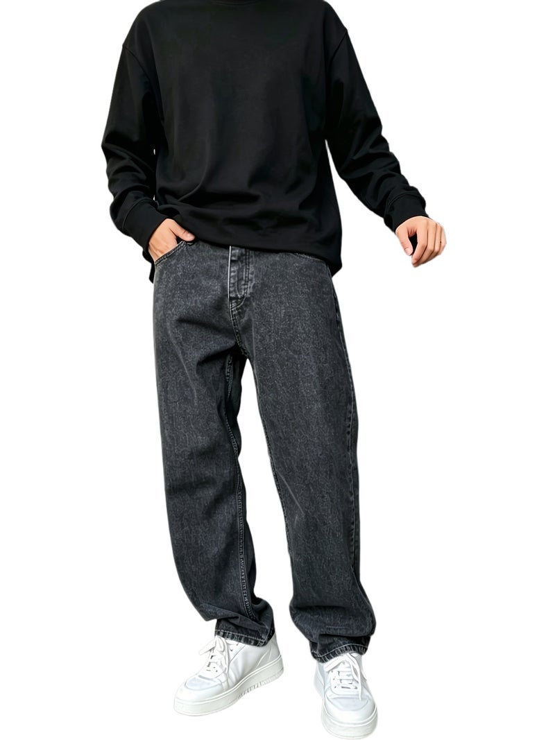 New Streetwear Trend Men's Baggy Jeans, Fashionable Men's Solid Color Straight-Leg Loose Fit Denim Pants - Image 1